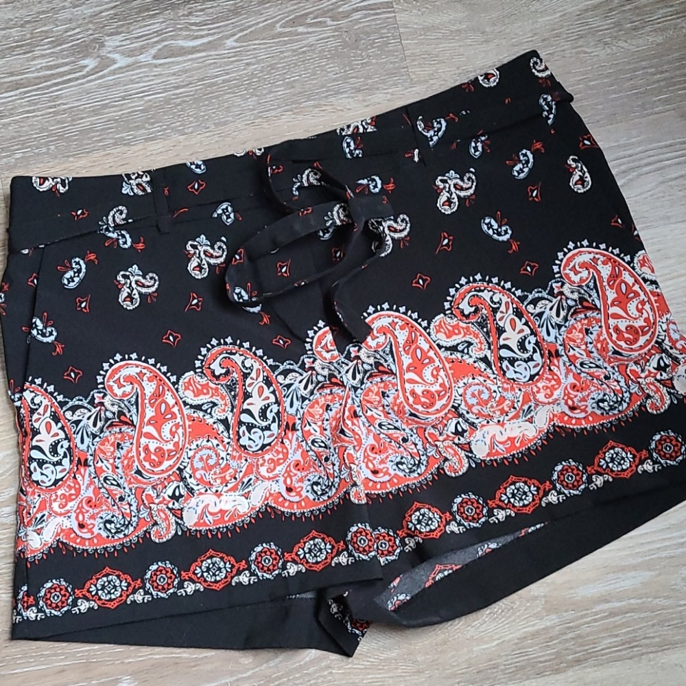 Loft Black Paisley Print Shorts with Tie Belt